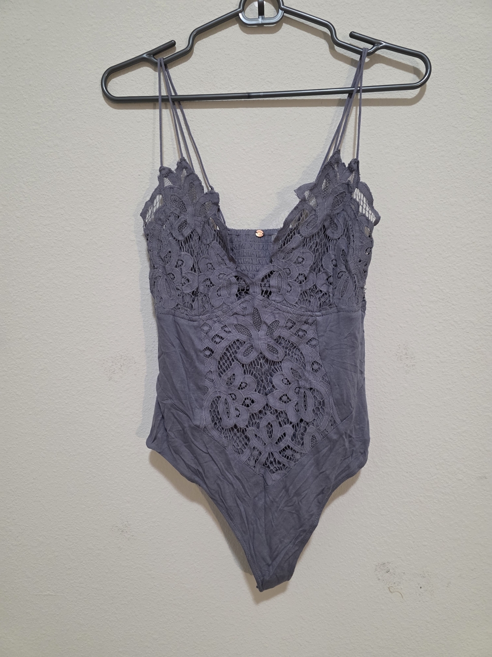 Free People Floral Lace Spaghetti Strap Bodysuit in Dusty Lavender